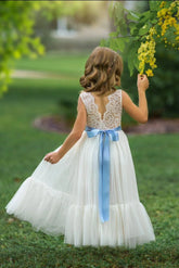 Sleeveless Ivory Lace and Tulle Flower Girl Dress with Layer