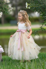 Short Sleeve Wildflower Floral Embroidered Flower Girl Dress- Champagne