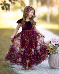 Ruffle Sleeve Flower Girl Dress - Burgundy Velvet