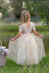 Short Sleeve Wildflower Floral Embroidered Flower Girl Dress- Champagne