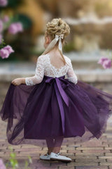 Long Sleeve Eggplant Tulle and White Lace Flower Girl Dress