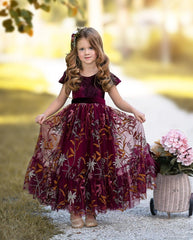 Ruffle Sleeve Flower Girl Dress - Burgundy Velvet