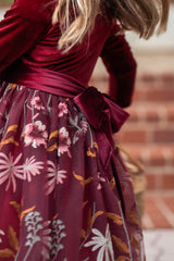 Burgundy Velvet Flower Girl Dress with Embroidered Skirt