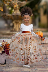 Champagne Floral Embroidered - Long Sleeve Flower Girl Dress