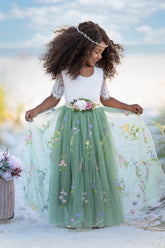 Short Sleeve Floral Embroidered Flower Girl Dress - Sage Gree