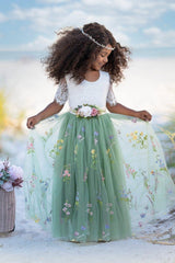 Short Sleeve Floral Embroidered Flower Girl Dress - Sage Gree