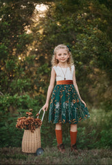Flower Girl Dress – White Lace Bodice & Forest Green Embroidered Skirt