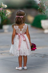 Antique Ivory and Off White Sleeveless Knee Length Lace Flower Girl Dresses