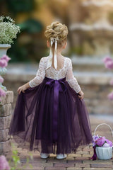 Long Sleeve Eggplant Tulle and White Lace Flower Girl Dress