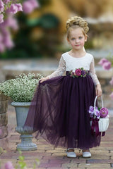 Long Sleeve Eggplant Tulle and White Lace Flower Girl Dress
