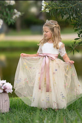 Short Sleeve Wildflower Floral Embroidered Flower Girl Dress- Champagne