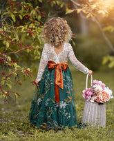 Hunter Green Floral Embroidered - Flower Girl Dress