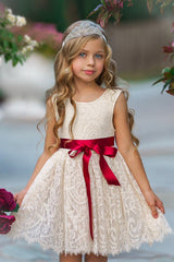 Antique Ivory and Off White Sleeveless Knee Length Lace Flower Girl Dresses