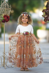 Burnt Orange Floral Embroidered Short Sleeve Flower Girl Dress