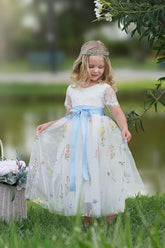 Boho Wildflower Floral Embroidered Flower Girl Dress - White