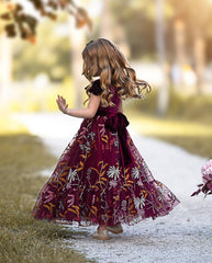 Ruffle Sleeve Flower Girl Dress - Burgundy Velvet