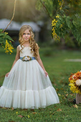 Sleeveless Ivory Lace and Tulle Flower Girl Dress with Layer