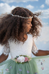 Short Sleeve Floral Embroidered Flower Girl Dress - Sage Gree