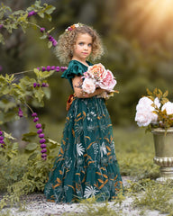 Forest Green Velvet Flower Girl Dresses - Embroidered Tulle