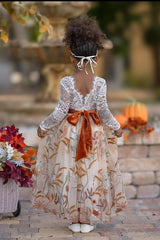 Champagne Floral Embroidered - Long Sleeve Flower Girl Dress