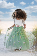 Short Sleeve Floral Embroidered Flower Girl Dress - Sage Gree