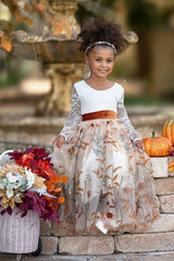 Champagne Floral Embroidered - Long Sleeve Flower Girl Dress