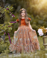 Burnt Orange Velvet Flower Girl Dress- Ruffle Sleeve