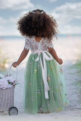 Short Sleeve Floral Embroidered Flower Girl Dress - Sage Gree
