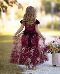 Ruffle Sleeve Flower Girl Dress - Burgundy Velvet
