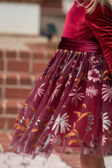 Burgundy Velvet Flower Girl Dress with Embroidered Skirt