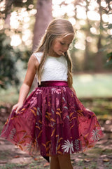 Flower Girl Dress - White Lace Bodice & Burgundy Embroidered Skirt