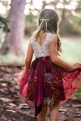 Flower Girl Dress - White Lace Bodice & Burgundy Embroidered Skirt