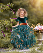 Forest Green Velvet Flower Girl Dresses - Embroidered Tulle