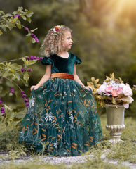 Forest Green Velvet Flower Girl Dresses - Embroidered Tulle