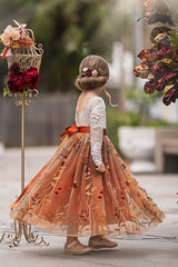 Long Sleeve Lace Tulle Flower Girl Dress for Fall Weddings - Burnt Orange