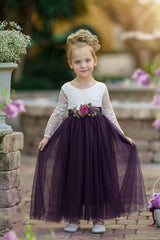 Long Sleeve Eggplant Tulle and White Lace Flower Girl Dress