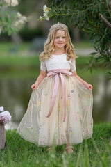 Short Sleeve Wildflower Floral Embroidered Flower Girl Dress- Champagne