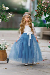 Dusty Blue Flower Girl Dress with Lace Bodice and Tulle Skirt
