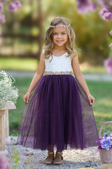 Sleeveless Lace Flower Girl Dress - Eggplant Purple Tulle