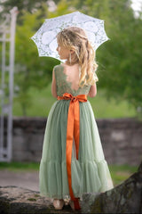 Sleeveless Sage Green Flower Girl Dress- Mermaid Bottom Layer