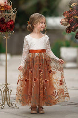 Long Sleeve Lace Tulle Flower Girl Dress for Fall Weddings - Burnt Orange
