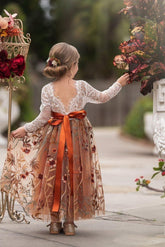 Long Sleeve Lace Tulle Flower Girl Dress for Fall Weddings - Burnt Orange