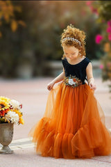 Sleeveless Black and Burnt Orange Flower Girl Dress