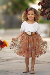 Burnt Orange Fall Flower Girl Dress with Ruffle Sleeves & Embroidery