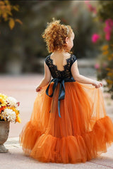 Sleeveless Black and Burnt Orange Flower Girl Dress