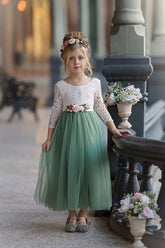 Sage Green Flower Girl Dress with Lace Bodice and Tulle Skirt
