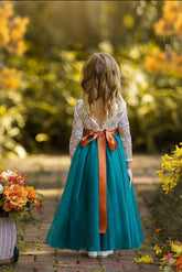 White Lace & Teal Tulle Flower Girl Dress – Toddler to Junior Bridesmaid