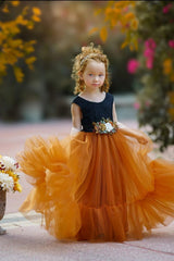 Sleeveless Black and Burnt Orange Flower Girl Dress