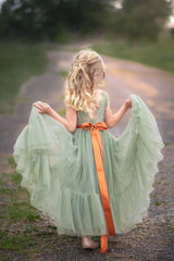 Sleeveless Sage Green Flower Girl Dress- Mermaid Bottom Layer