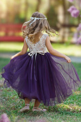 Sleeveless Lace Flower Girl Dress - Eggplant Purple Tulle